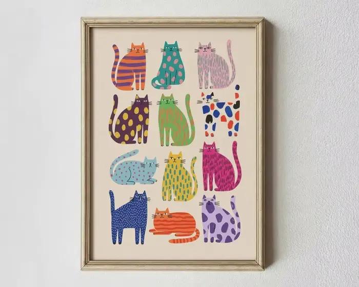 Impression d'art de chat fantaisiste, art mural abstrait de chat, art pop moderne, impression de cha