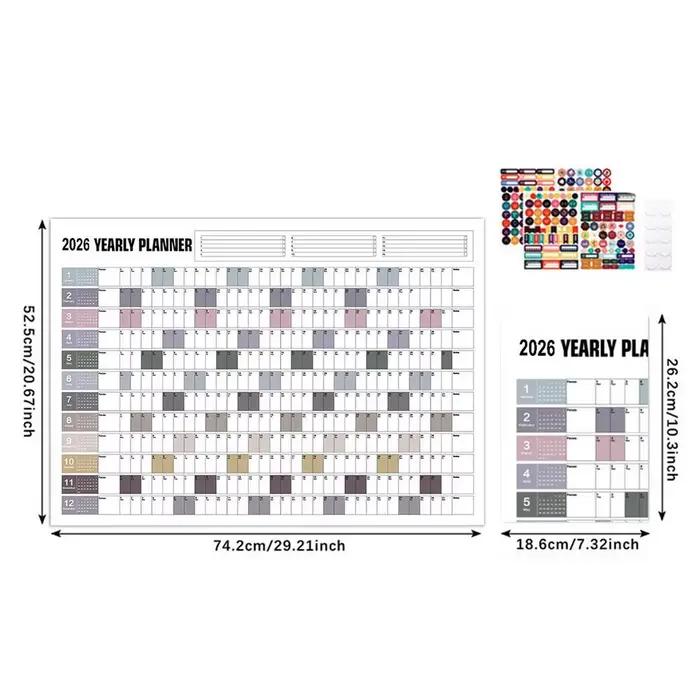 Affiche de calendrier mural annuel 2026 avec autocollants, grand calendrier de planification, outil 
