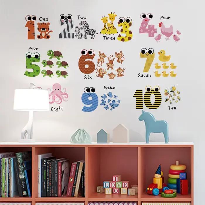 Autocollant mural de numéro d'animal de bande dessinée pour la chambre à coucher, autocollant amovib