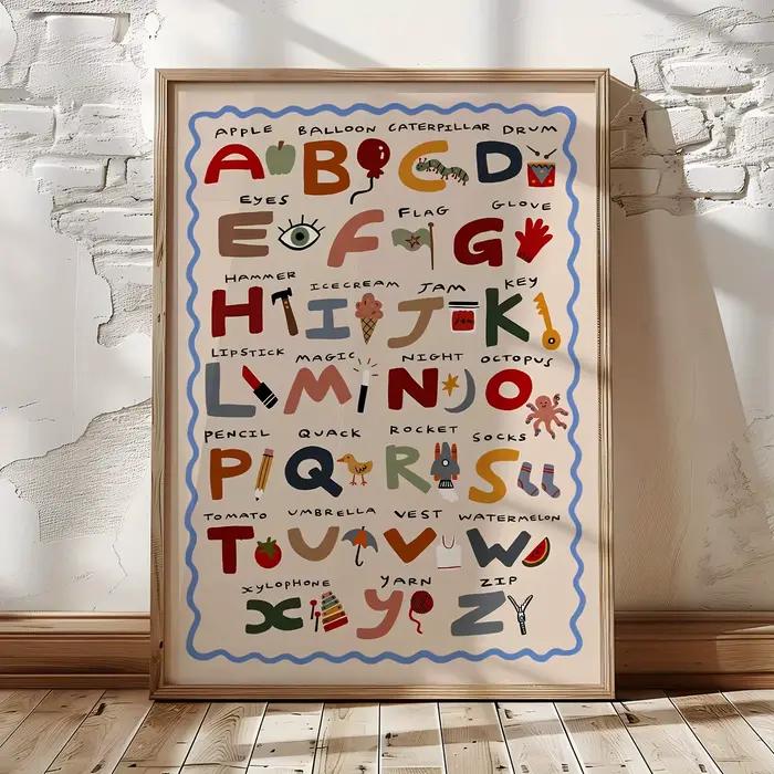 Affiche imprimée sur toile de l'alphabet de dessin animé, impression d'art moderne, éducation, salon