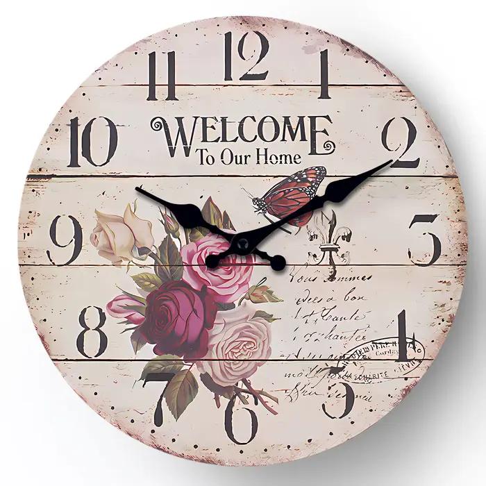 Rétro fleur papillon "Benvenue à notre maison" modèle horloge murale en bois salon chambre cuisine d