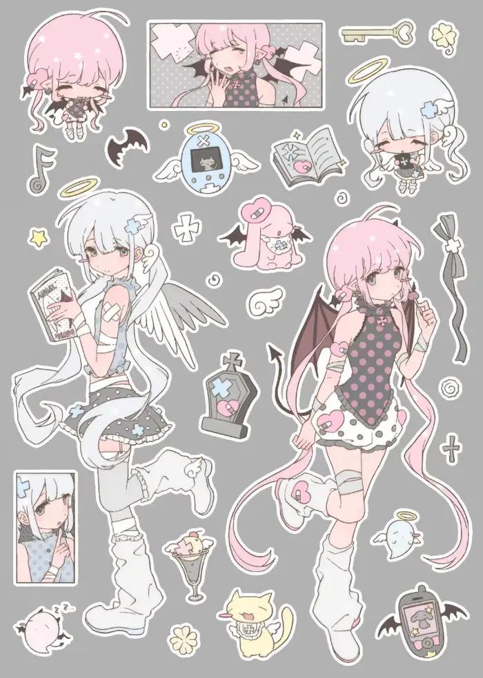 Autocollants mignons de style manga, autocollants thématiques, fille gothique kawaii avec mini icône