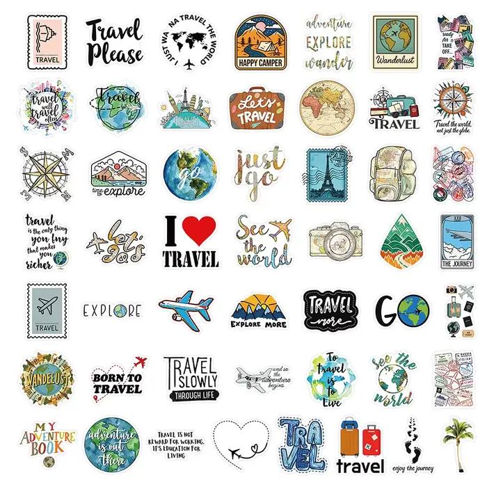 50 autocollants étanches sur le thème des voyages mondiaux, cartes du monde et paysages, pour la déc