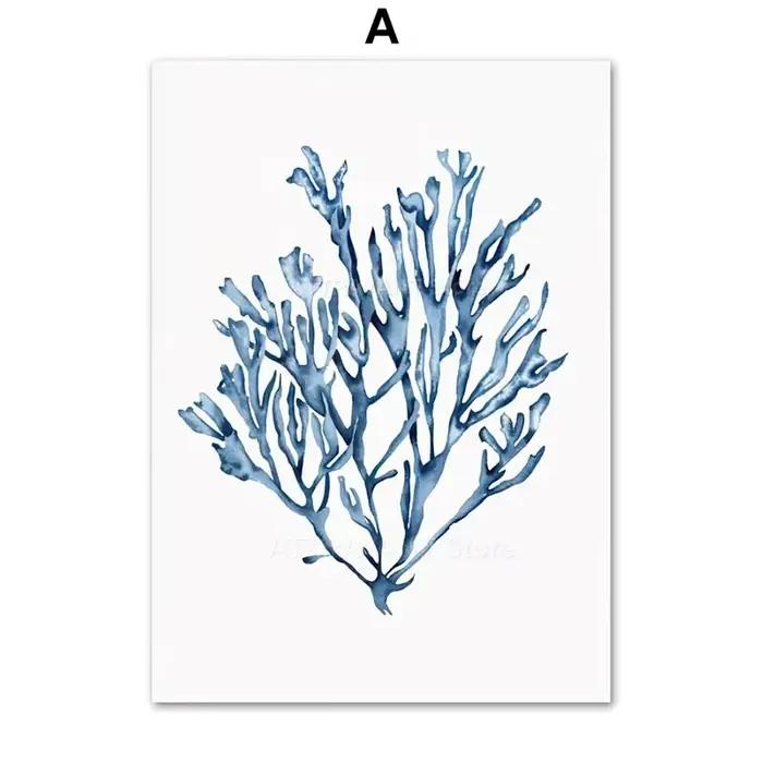 Affiches bleu marine avec corail, algues marines, étoiles de mer, coquillages, conques, impressions 