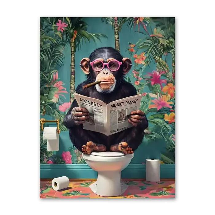 Toile murale amusante de lecture de journaux de gorille sur les toilettes, impression d'affiches, po