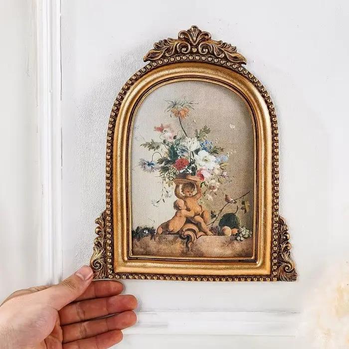 Cadre Photo élégant en résine Antique française, avec Accents floraux, cadre Photo arqué doré pour a