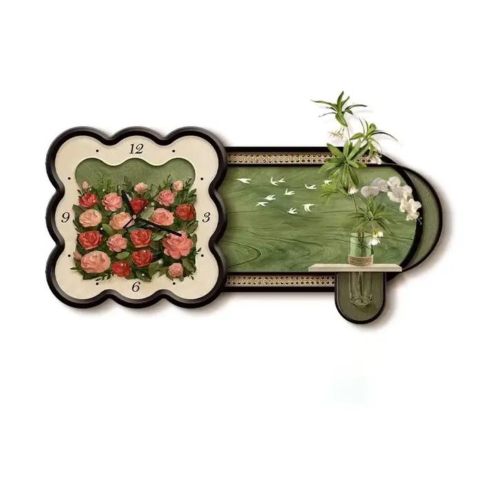 Horloges murales de peinture moderne et fleurs, horloges murales de luxe de grande taille sans cadre