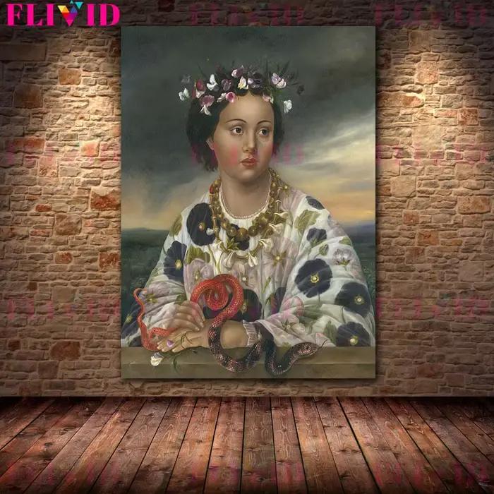 Adolescent portant des couronnes de fleurs victorien Vintage mur Art toile peinture nonne avec Bouqu