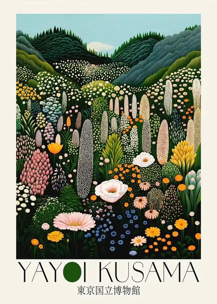 Affiche japonaise Yayoi Kusama inspirée du musée de Tokyo botanique, toile florale colorée, peinture