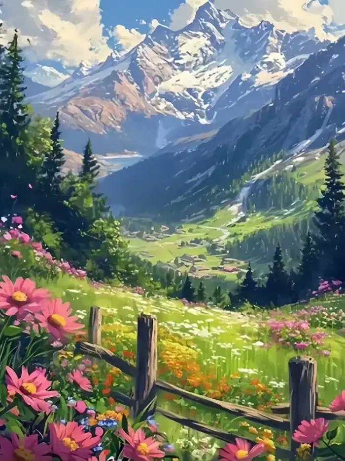 Peinture à l'huile par numéros paysage de montagne bricolage peinture numérique maison arbre paysage