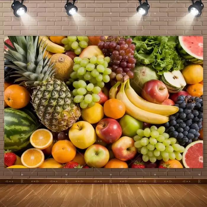 Fond de photographie sur le thème des fruits et légumes, décoration de fête alimentaire colorée, pos