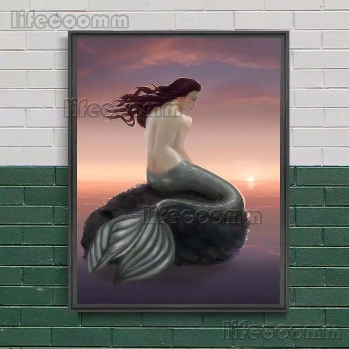 Affiche et imprimés d'art de dessin animé de sirène mignonne, peinture sur toile d'art mural moderne