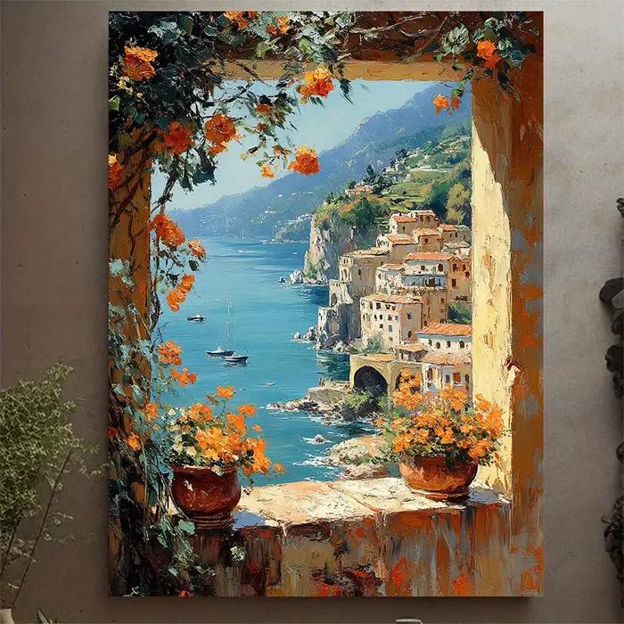 Toile d'art avec vue sur la mer méditerranéenne - Peinture de la côte d'Amalfi, décoration murale it