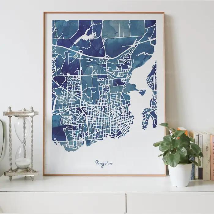 Kingston-Carte de ville imprimée, aquarelle, peinture bleue sur la carte de l'Ontario, Canada, affic