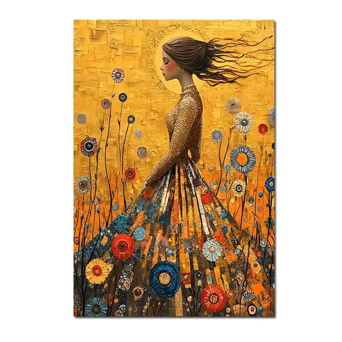Toile de peinture murale de Style Gustav Klimt, la fille dans la robe dorée, décoration de maison po