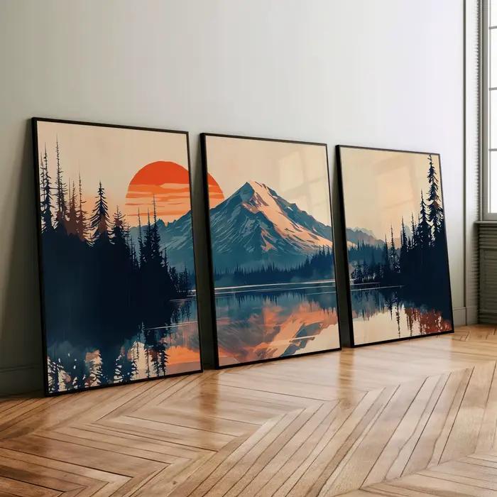 Lot de 3 affiches murales Coucher de soleil sur le Mont Rainier, impressions sur toile, silhouette f