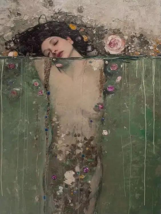 Mihail Zablodski travail Vintage pétales femme élégante dans l'eau Art affiches imprimer rêveur femm