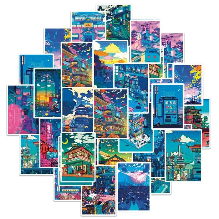 10/30/50pcs mignon Art rue vue nocturne dessin animé autocollants esthétique Ins décalcomanies Scrap