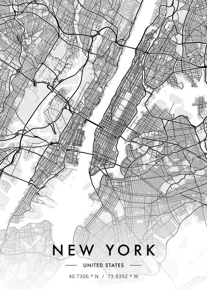 Affiche d'art de carte de ville, peinture sur toile de Paris New York, carte imprimée HD en noir et 