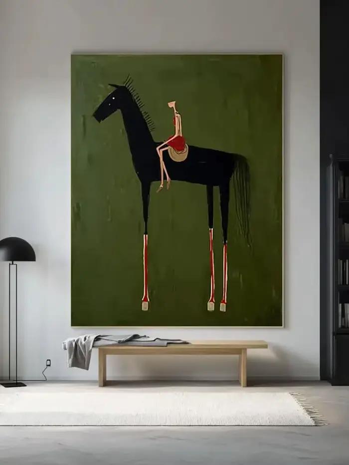 Peinture d'art équestre neutre pour la décoration intérieure, grande toile verte minimaliste, peintu