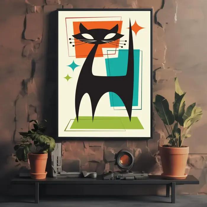 Affiche esthétique de calligraphie avec peinture de chat noir du milieu du siècle, impression sur to