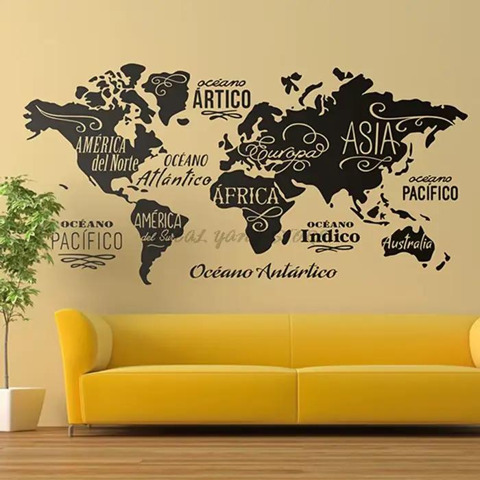 Grande carte du monde autocollant Mural contour carte du monde autocollant maison chambre salon déco