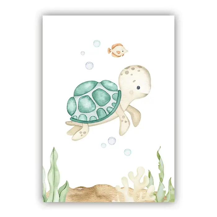 Impressions d'animaux de l'océan nautique, affiche de tortue de mer de dessin animé, aquarelle, pein