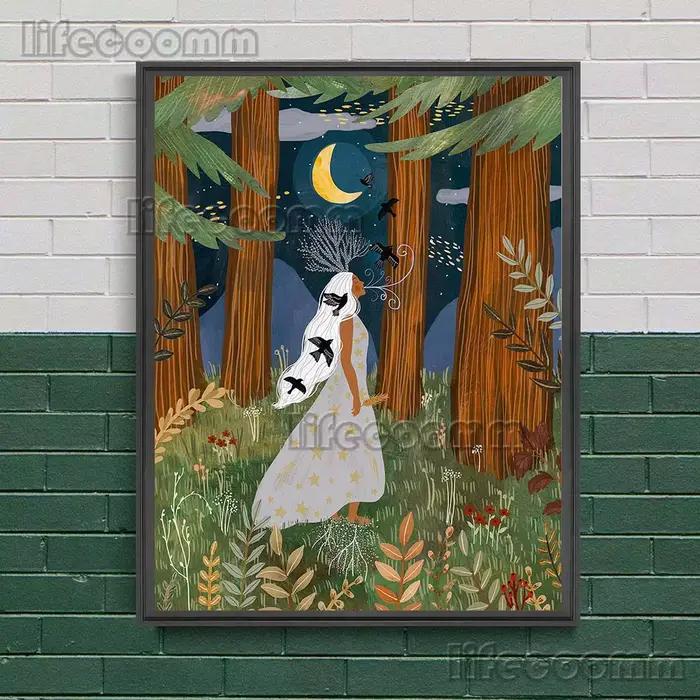 Toile d'art mural abstrait de sorcière dans la forêt, peinture murale, papillon, fée et lune, affich