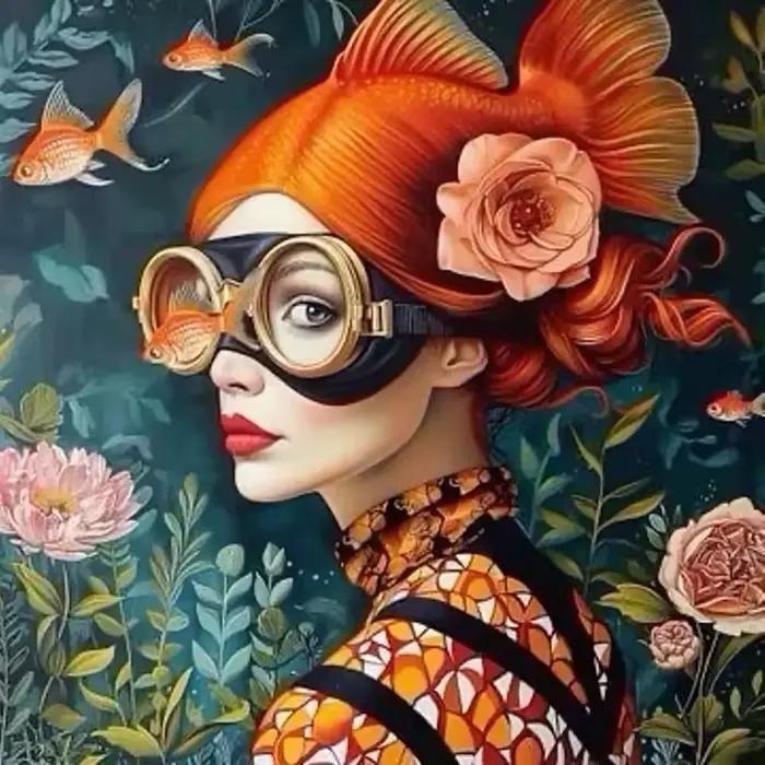Surréalisme femme Portrait toile peinture mur Art merveilleux fantaisie poisson et fille affiche imp