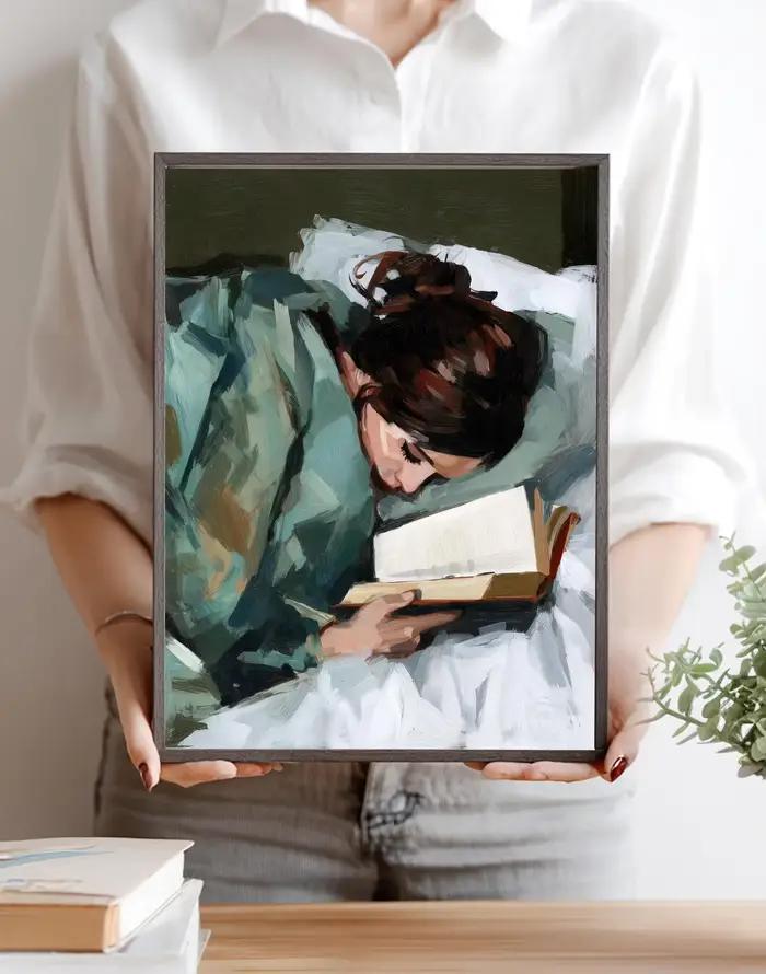 Art mural Fille lisant, Impression abstraite Fille avec livre, Art de la femme endormie, Décoration 