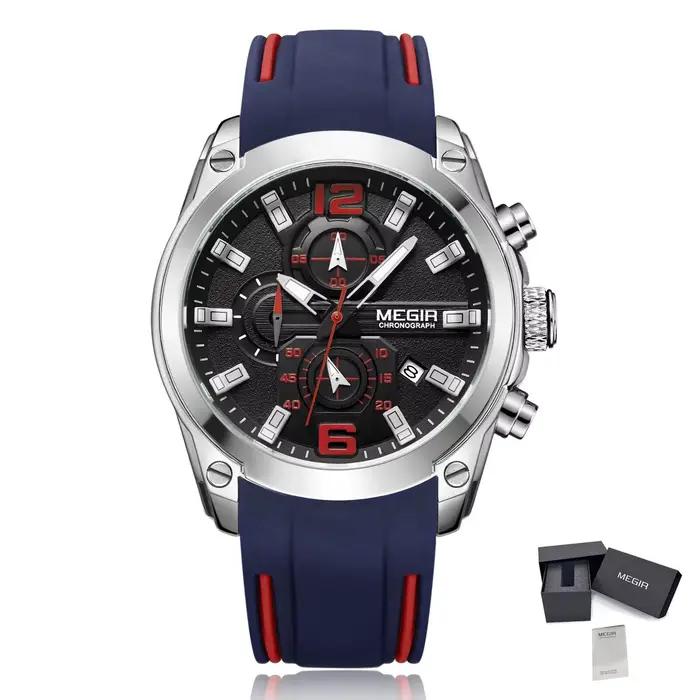 Montre Chronographe Analogique à Quartz Megir 2063 avec Date, Aiguilles Lumineuses, Bracelet en Caou
