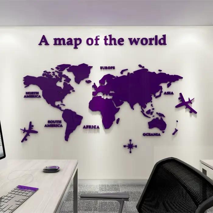 Autocollant mural carte du monde 3D en acrylique, couleur unie, cristal, pour chambre à coucher, sal