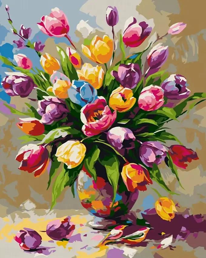 Nouveautés : Peinture à l'huile florale, bouquet de tulipes multicolores, cadeau DIY pour les amateu