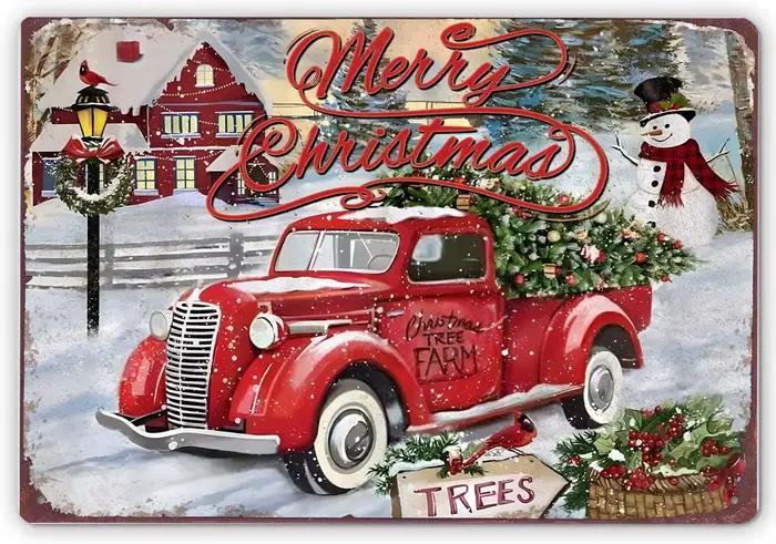 affiche métallique avec inscription joyeux Noël, décor de camion rouge, décoration de Noël vintage s