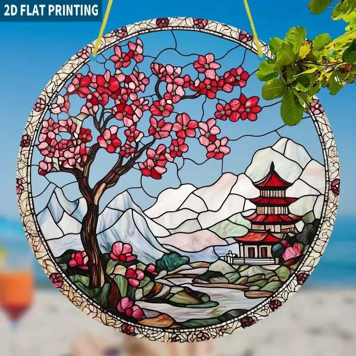 Attrape-soleil mural en verre acrylique peint, motif fleurs de cerisier et pagode, paysage asiatique