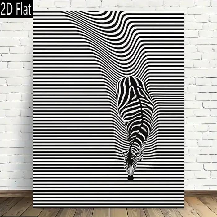 Affiche d'art mural zèbre abstraite rétro moderne 2D plate, 1 pièce, rayures verticales noires et bl