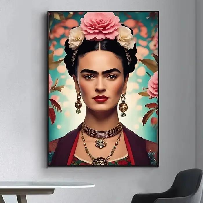 Peinture à l'huile numérique sur toile, style Frida Kahlo, portrait floral de femme, décoration pour