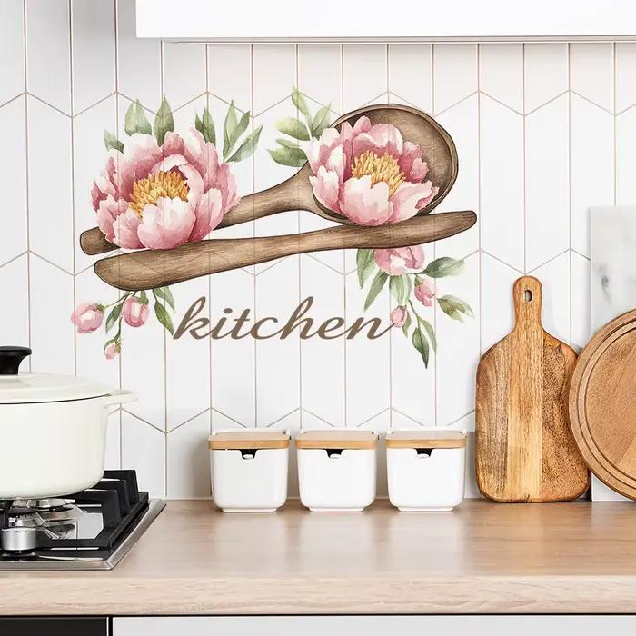 Autocollant mural créatif en forme de cuillère en bois et de fleurs, décoration pour cuisine, restau