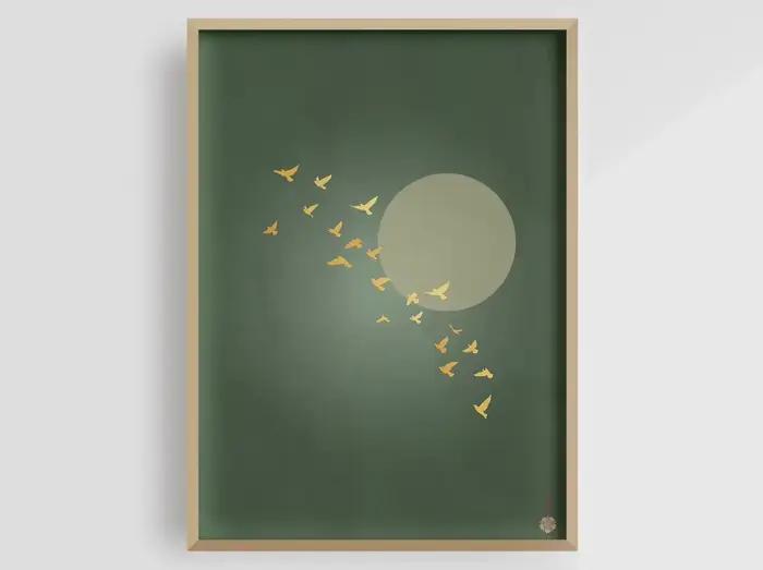 Impression d'art Japandi Yellow Sun, art mural oiseaux en vol, art abstrait, décoration de salon, gr