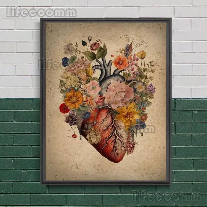 Coeur plein de fleurs, peinture sur toile d'art mural abstrait, Art de cœur fantastique doré, affich