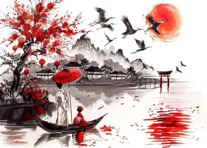 Affiche de peinture à l'encre de paysage japonais, fleurs de cerisier de montagne, Dragon samouraï K