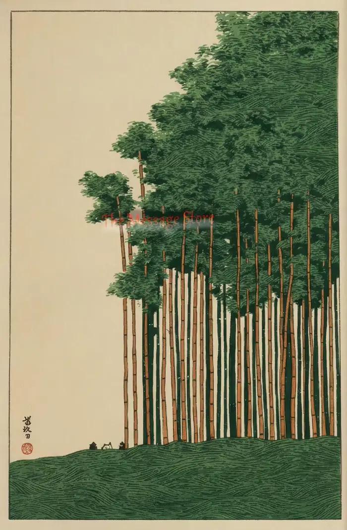 Peinture vintage japonaise sur toile de forêt, piniers et bambou, style traditionnel asiatique à l'e