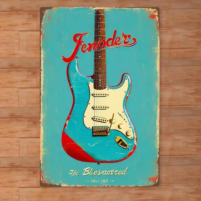 Art mural en métal pour guitare, affiche rétro avec design «Fender» et «The Bluesastred», décoration