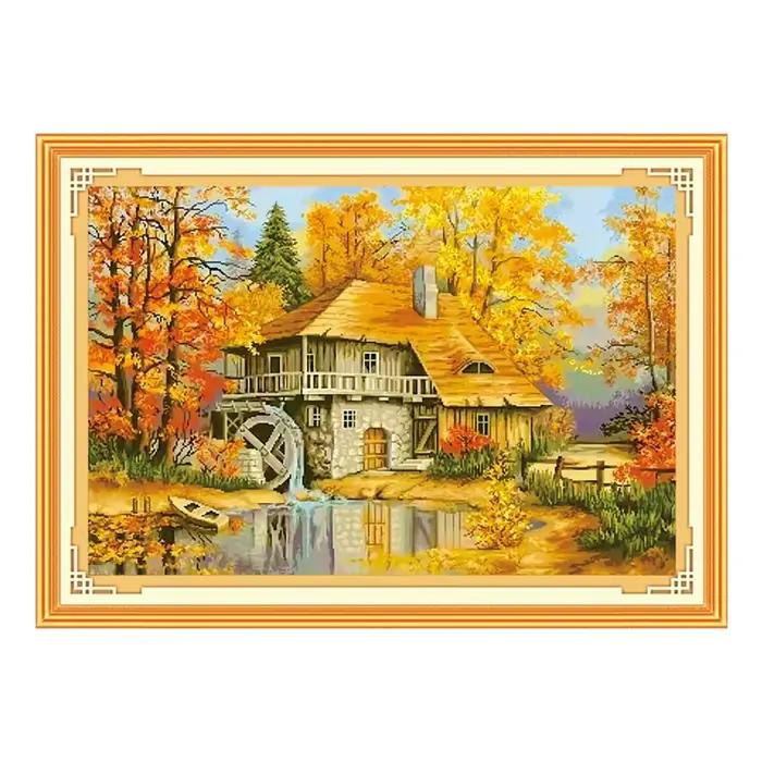 Peinture de cabine d'automne sur toile imprimée, point de croix bricolage, kits d'invitation, ensemb