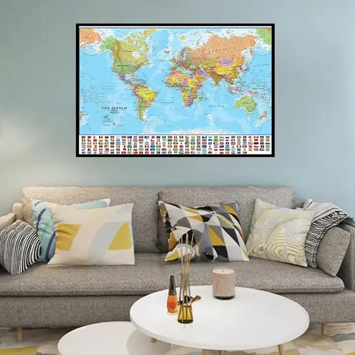 Grande carte du monde pliable 150x100cm, avec drapeaux, carte physique du monde, pour voyage, bureau