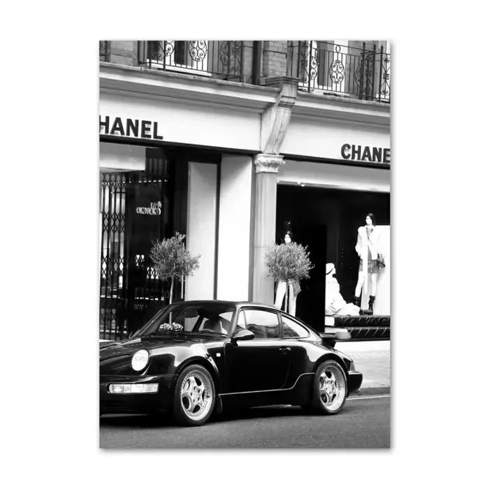 Affiche de peinture sur toile noire et blanche sur le thème de voiture et de chien de luxe pour femm