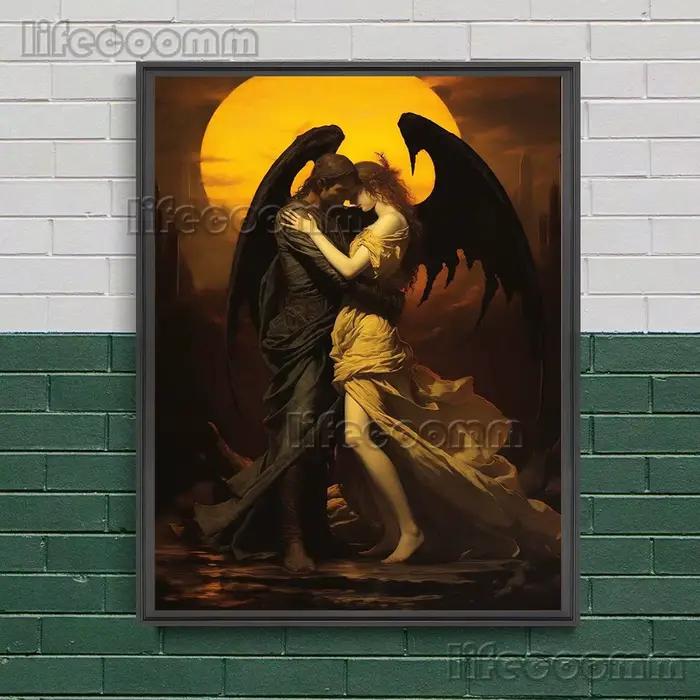 Affiche d'art de romance gothique, ange déchu, femme de sécurité et baiser, peinture sur toile, impr