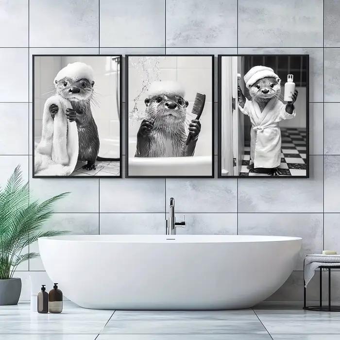 Affiche en toile de salle de bain de loutre drôle, 3 pièces, noir et blanc, Animal de loutre mignon,
