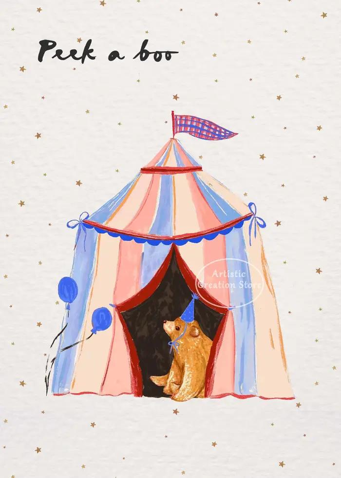 Affiche sur toile illustrant des animaux de cirque sur un carrousel de fête foraine, style aquarelle