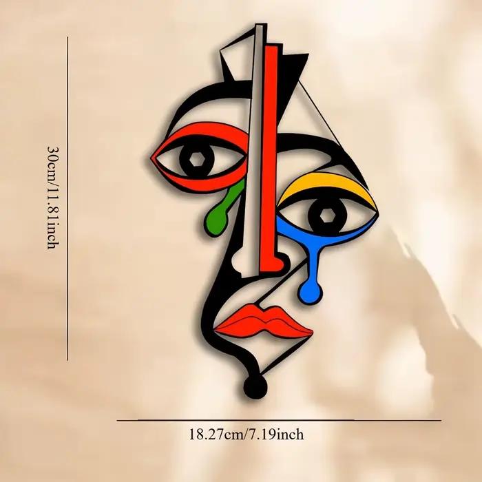 Art mural en métal inspiré de Picasso, sculpture de visage cubiste colorée avec un design géométriqu